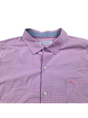 Tommy Bahama Shirt Men 2XL Newport Coast Plaid Pink Blue Down Long Sleeve